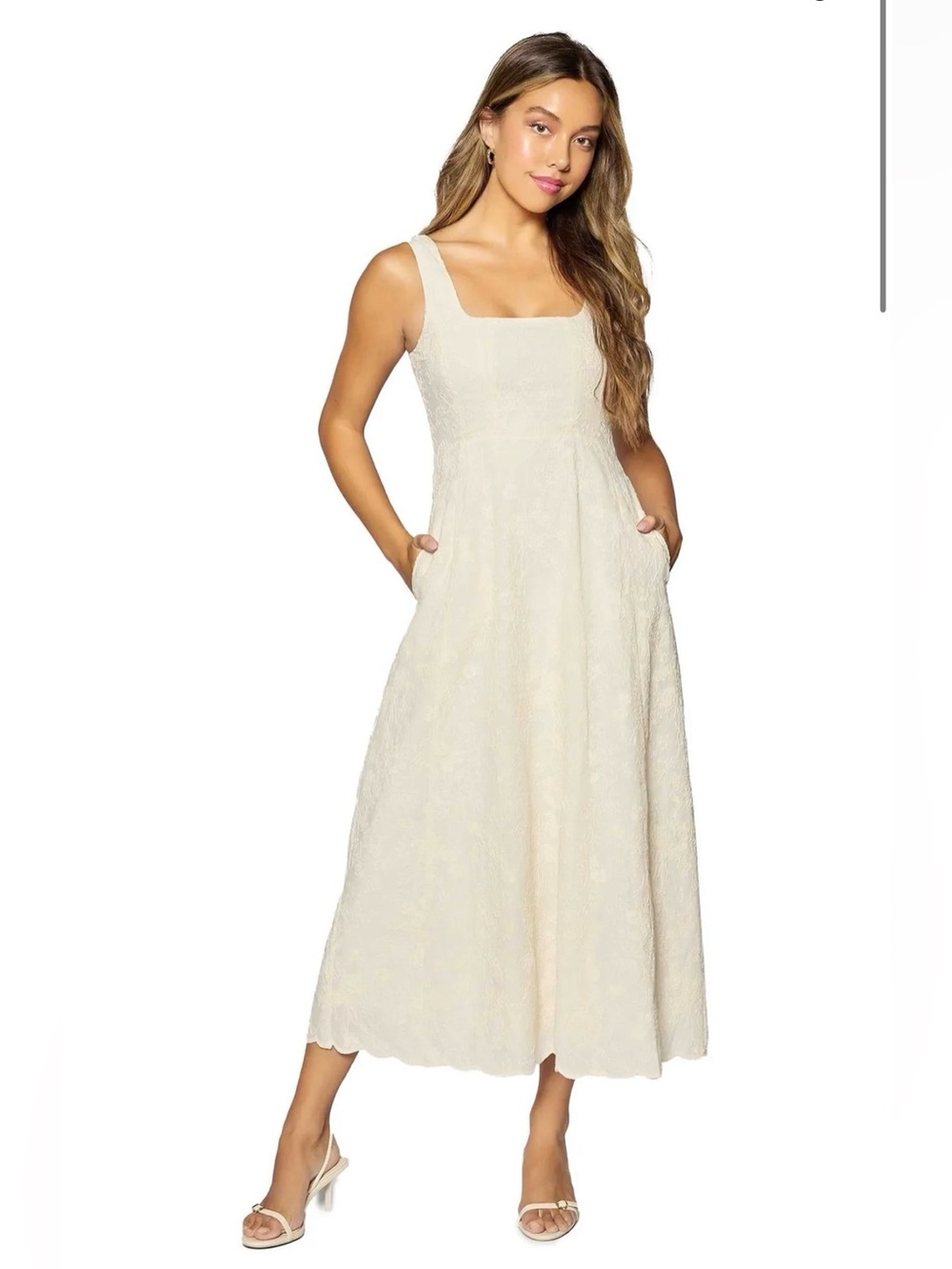 Sleeveless Square-Neck Cream Midi Dress
